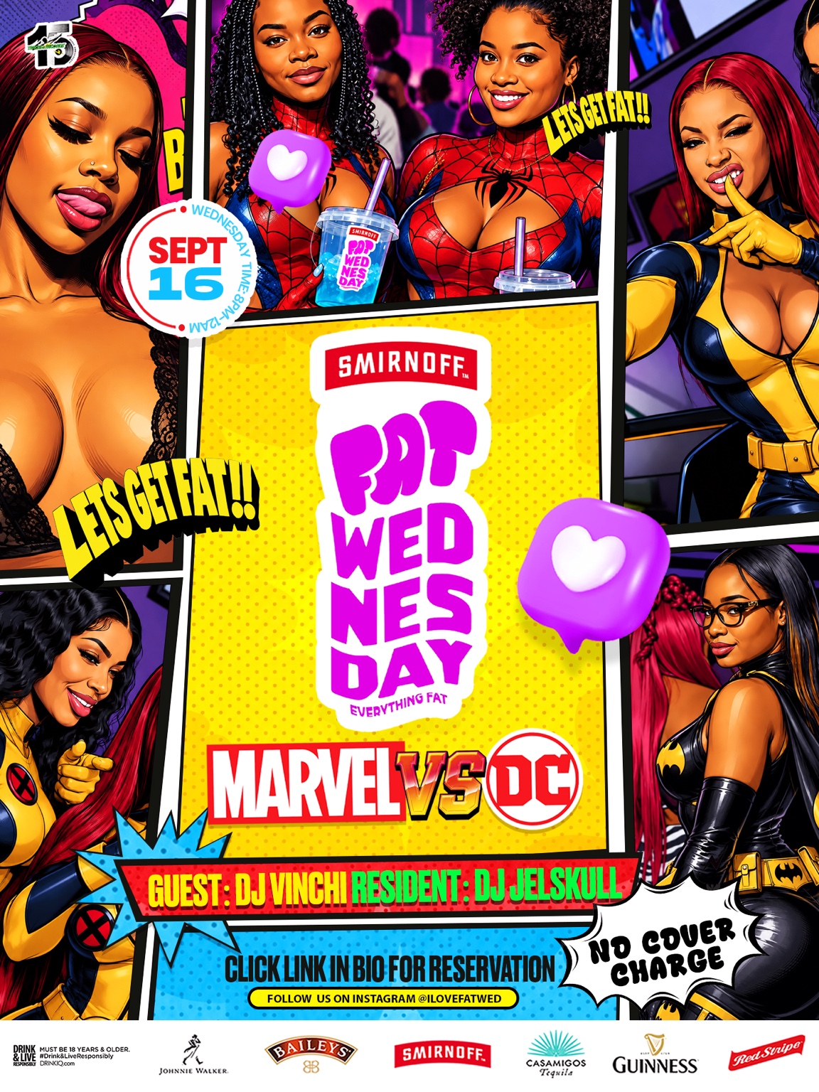 Fat Wednesdays Marvel vs DC flyer for September 16 featuring DJ VINCHI and DJ JELSKULL